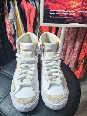 Nike Women’s High-Top Sneakers in White and Tan with Gold Accents